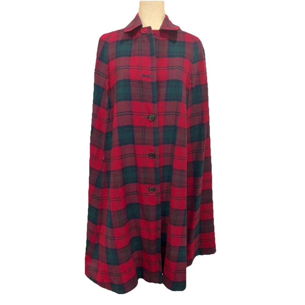 Burberry 1960s Reversible Trench Gabardine & Wool Plaid Cape Coat Red Navy OSFA - Picture 2 of 14